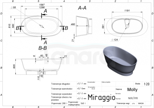 MIRAGGIO Wanna wolnostojąca MOLLY biała matowa MIRASOFT 160cm 0001030