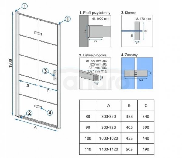 REA Drzwi wnękowe prysznicowe składane MOLIER BLACK 90cm + listwa magnetyczna 