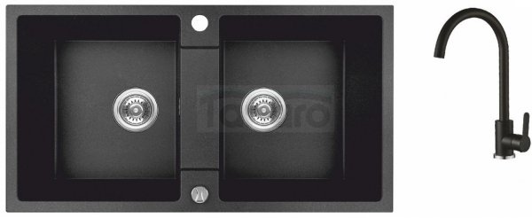 AQUAFORM - zlewozmywak granitowy MARANELLO 440 X 800 X 185 - 2 komory, CZARNY MONO + syfon oszczędzający miejsce z korkiem automatycznym + bateria stojąca z wylewką U  AQ.901-2009504