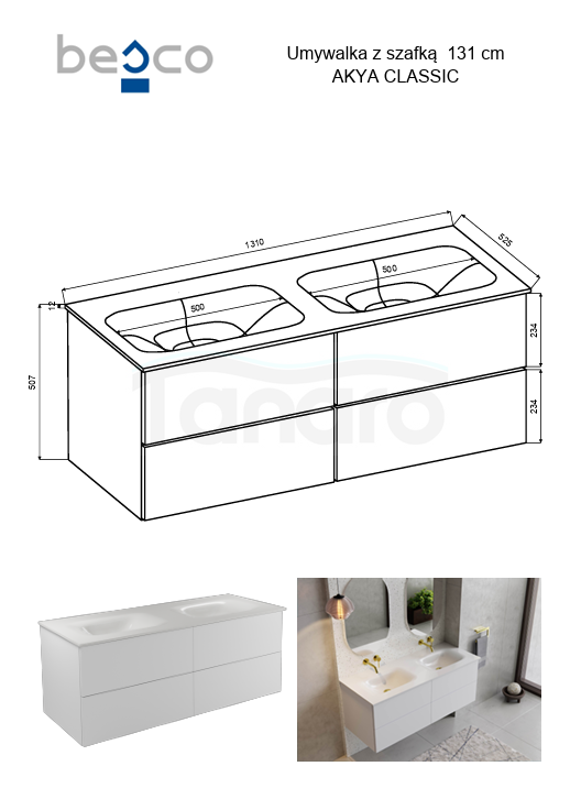 BESCO Szafka Akya Classic Biały Połysk 131 z umywalką biały połysk + klik-klak chrom #KAC-131-PMC