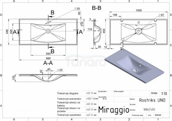 MIRAGGIO Umywalka 100x45 ROSTRIKS UNO MATOWA 0001543