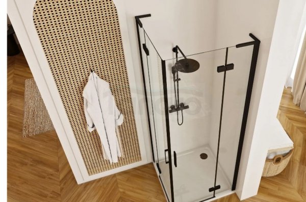 REA - Kabina narożna - drzwi podwójne prysznicowe składane, łamane HUGO DOUBLE 80x90 Black / Czarne 