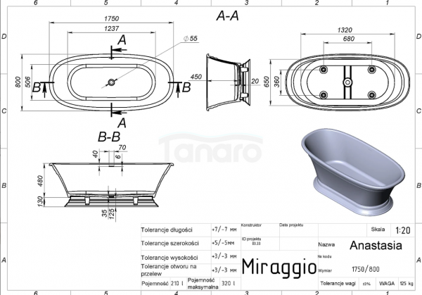 MIRAGGIO Wanna wolnostojąca 175x80 ANASTASIA (MATT)  69125622