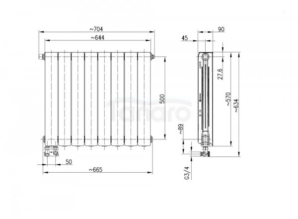 ARMATURA KRAKÓW KFA Grzejnik aluminiowy ADR500/D/8 z dolnym lewym zasilaniem kątowym 763-083-44