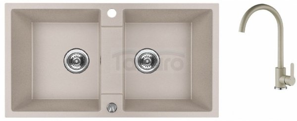 AQUAFORM - zlewozmywak granitowy MARANELLO 440 X 800 X 185 - 2 komory, BEŻOWY + syfon oszczędzający miejsce z korkiem automatycznym + bateria stojąca z wylewką U  AQ.901-2002504