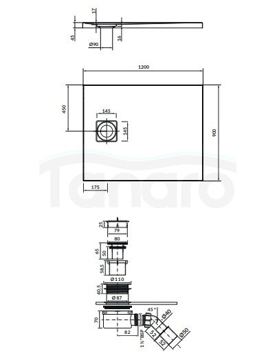 CERSANIT - Set C253 : brodzik prostokątny TAKO Slim 120x90x4,5 biały mat + syfon  S208-008
