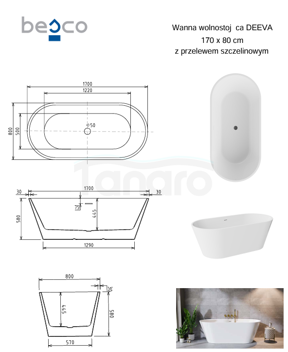BESCO Wanna wolnostojąca Deeva Glam Grafitowa 170x80 + maskownica odpływu gun metal #WWA-170DGGM