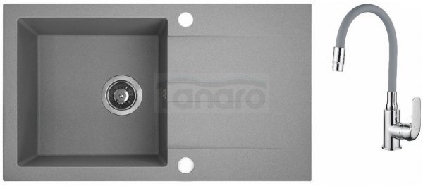 AQUAFORM - zlewozmywak granitowy MARANELLO 440 X 760 X 194 - 1 komora z ociekaczem, SZARY + syfon oszczędzający miejsce z korkiem automatycznym + bateria stojąca z wylewką elastyczną  AQ.901-1013505