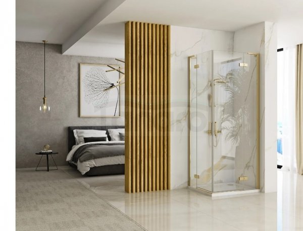 REA - Kabina narożna - drzwi podwójne prysznicowe składane, łamane HUGO DOUBLE 100x100 Gold / Złota 