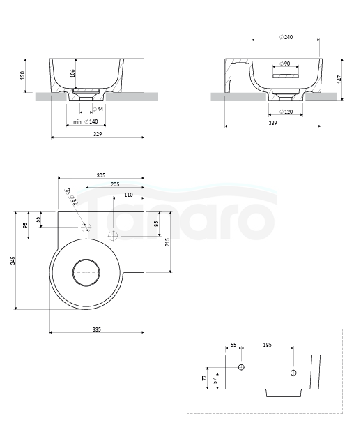 OMNIRES umywalka nablatowa/wisząca - prawa, 33 x 34 cm OVO M+ ash grey mat OVO335UWPAG