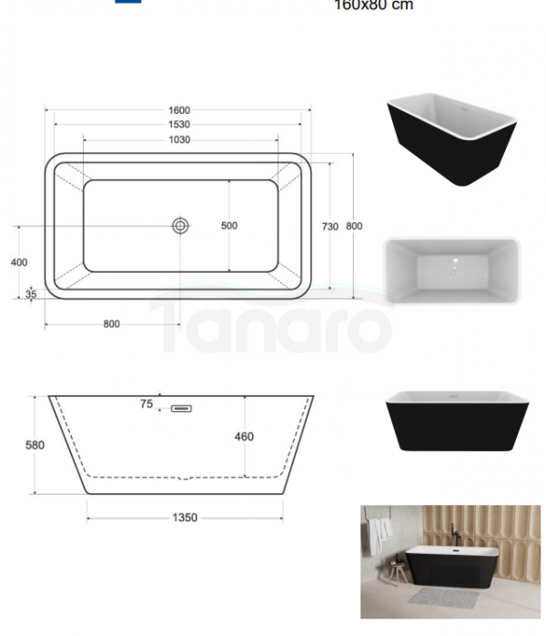 BESCO Wanna wolnostojąca 160x80 Evita B&amp;W 160 + maskownica syfonu z przelewem czarna #WAS-160EBCZ