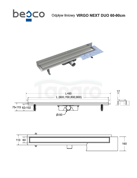 BESCO Odpływ liniowy Virgo Next Duo 90 OL-90-VND