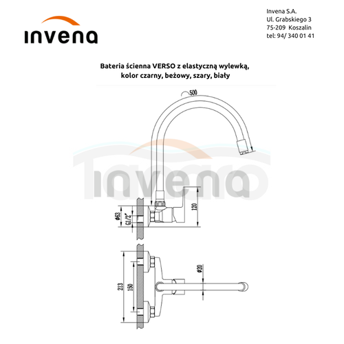 INVENA Bateria ścienna kuchenna VERSO Z ELASTYCZNĄ WYLEWKĄ, KOLOR beżowy BC-82-E3S-L