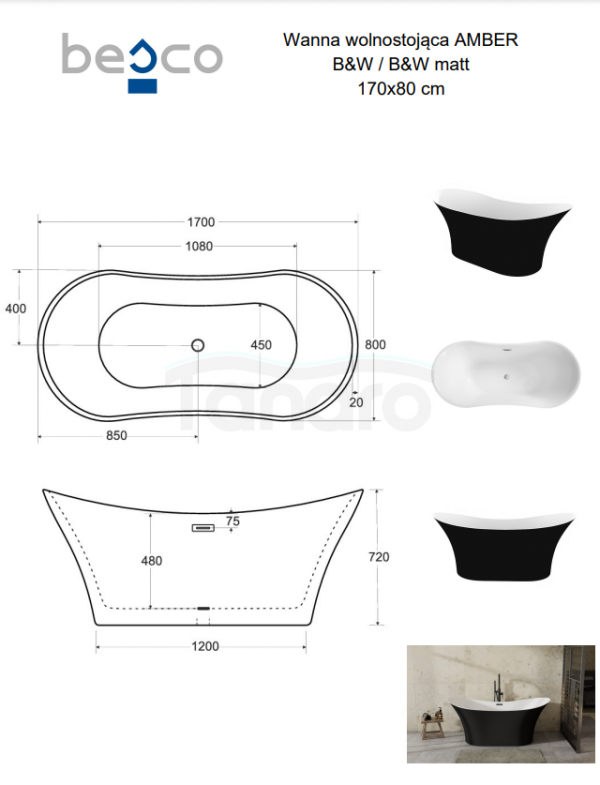 BESCO Wanna wolnostojąca Amber B&amp;W 170 x80 + maskownica syfonu z przelewem czarna #WAS-170ABBC
