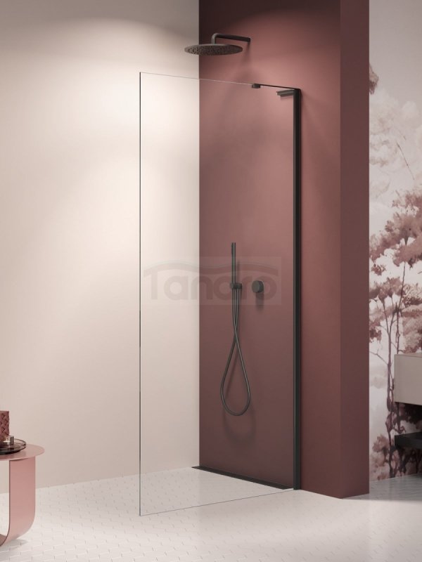 NEW TRENDY Kabina prysznicowa NESTA BLACK WALK-IN U 120x200 szkło czyste 8mm Active Shield 2.0 - WSPORNIK KĄTOWY K-1727-WL