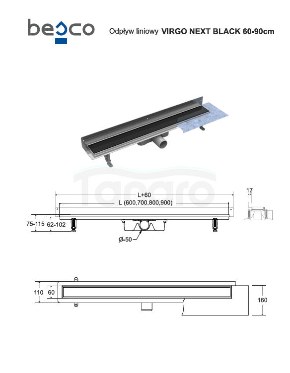 BESCO Odpływ liniowy Virgo Next Black 90cm OL-90-VNB