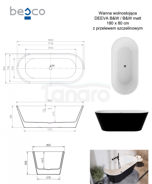 BESCO Wanna wolnostojąca Deeva Matt B&amp;W 180 + maskownica odpływu biała #WWA-180DMBW