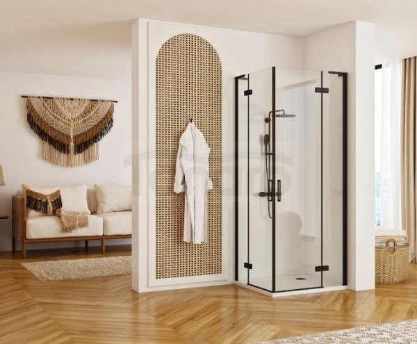 REA - Kabina narożna - drzwi podwójne prysznicowe składane, łamane HUGO DOUBLE 80x100 Black / Czarne 