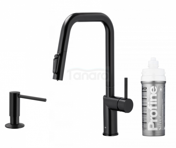 ARMATURA KRAKÓW KFA DUERO PURE STYLE bateria kuchenna z funkcją filtracji wody i wyciąganą wylewką, BLACK + zestaw filtrujący PROFINE SILVER &quot;S&quot; 6623-314-81+ dozownik płynu do naczyń 990-100-81