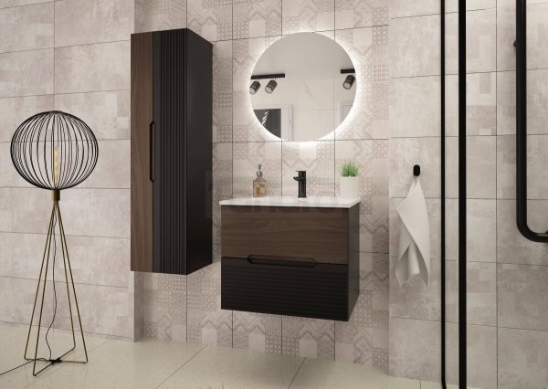 MEGSTYL AVELLA-01 - Szafka z Umywalką 2S 80cm Czarny Mat Orzech Zestaw-3 AVELLA-0000-0045