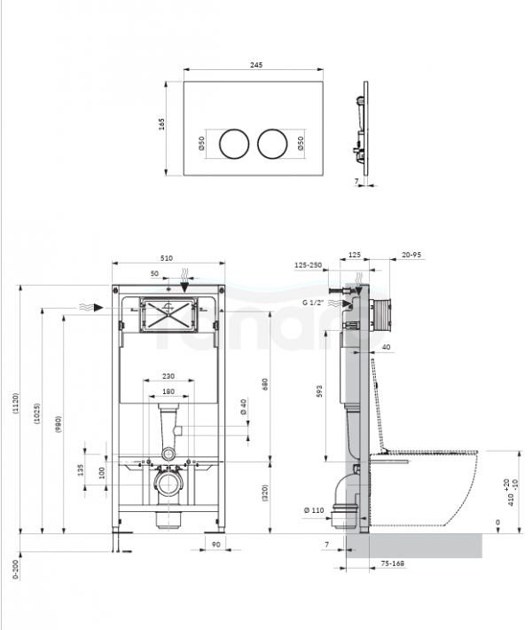 OMNIRES STRONGFRAME stelaż podtynkowy do miski toaletowej z ECO spłukiwaniem + MINIMAL przycisk spłukujący złoty połysk FLUSH SET STFWCECO1M-RGL