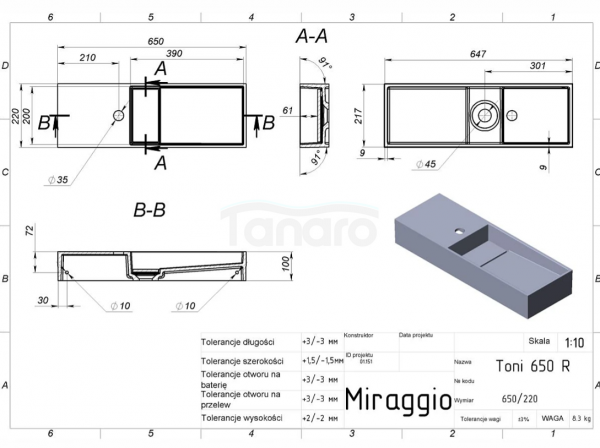 MIRAGGIO Umywalka 65x22 TONI 650 R 8814238