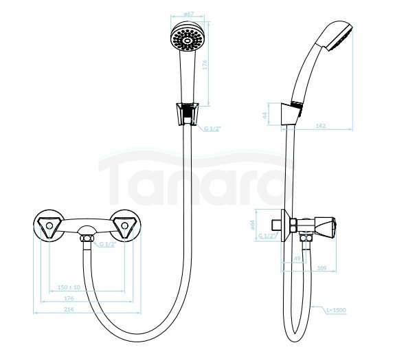 KUCHINOX - Bateria natryskowa NORM ścienna z zestawem natryskowym  BQN_041D