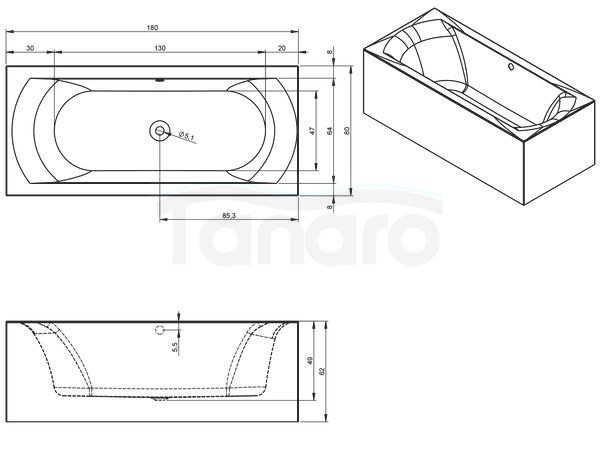 RIHO - Wanna akrylowa wolnostojąca prostokątna LINARES narożna  180x80x62 Plug &amp; Play PRAWA  B142010005
