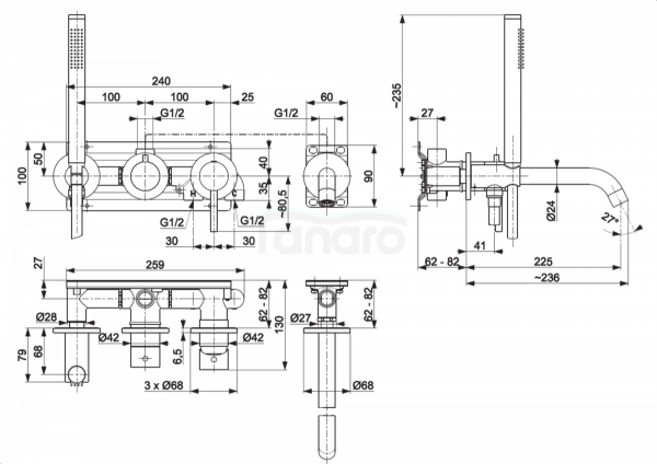ARMATURA KRAKÓW KFA MOZA BLACK zestaw wannowy podtynkowy z baterią 3-otworową 2-funkcyjną 5039-411-81