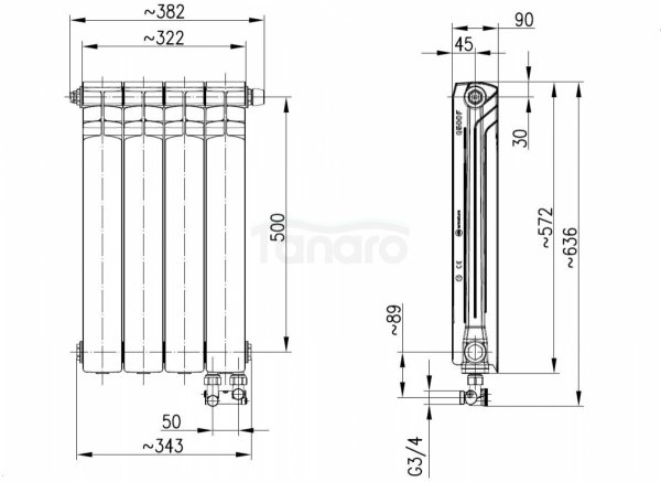 ARMATURA KRAKÓW KFA Grzejnik aluminiowy G500F/D/4 z dolnym prawym zasilaniem kątowym 789-041-44