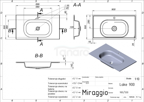  MIRAGGIO Umywalka LAKE 900 MAT 8815154