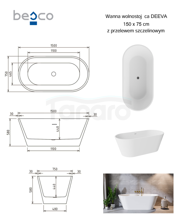 BESCO Wanna wolnostojąca Deeva Glam Złota 150x75 + syfon chrom #WWA-150DGZC