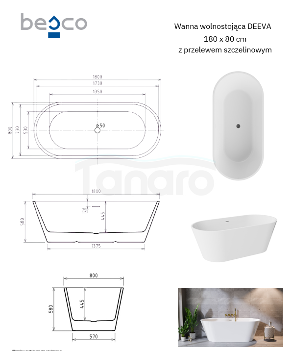 BESCO Wanna wolnostojąca Deeva Glam Grafitowa 180x80 + maskownica odpływu złote #WWA-180DGGG