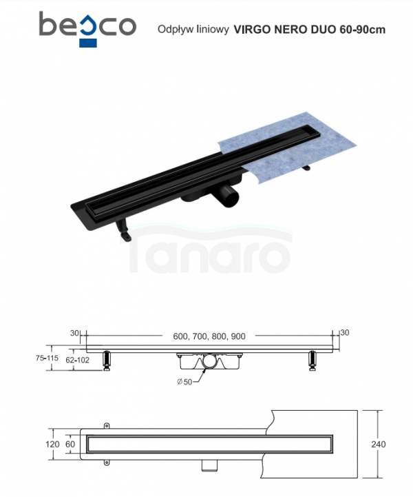 BESCO Odpływ prysznicowy liniowy Virgo Nero Duo 70x6 OL-70-VN