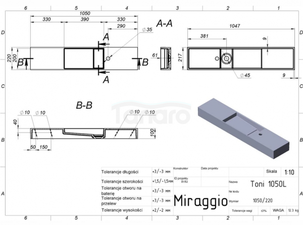 MIRAGGIO Umywalka TONI 1050 L MATT 8814228
