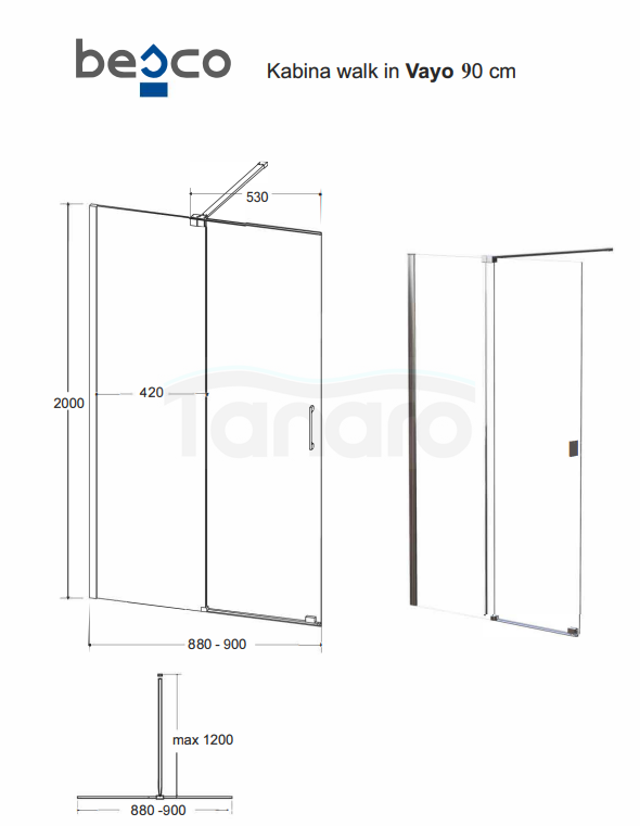 BESCO Kabina ścianka ruchoma WALK-IN VAYO 90cm VY-90-200C