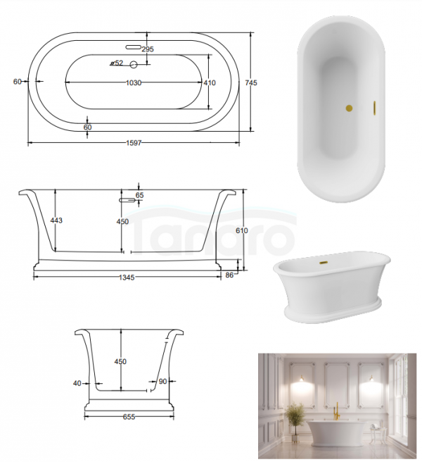 BESCO Wanna wolnostojąca Ziva 160x75 + klik-klak z przelewem szczelinowym gun metal #WWA-160ZSGR