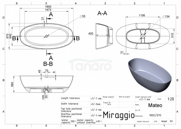 MIRAGGIO Wanna wolnostojąca 180cm MATEO biała matowa 0001743