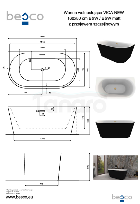 BESCO Wanna wolnostojąca Vica New B&amp;W 160 + klik-klak biały z przelewem slim #WAS-16VNBB