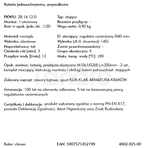 ARMATURA KRAKÓW bateria umywalkowa ATRIA 4602-925-00