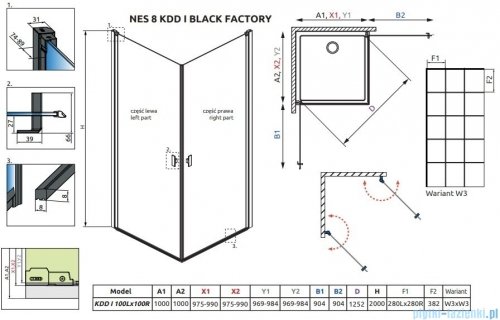 Radaway Nes 8 Black Kdd I Factory kabina 100x100cm czarny mat/szkło przejrzyste 10071100-54-55L/10071100-54-55R
