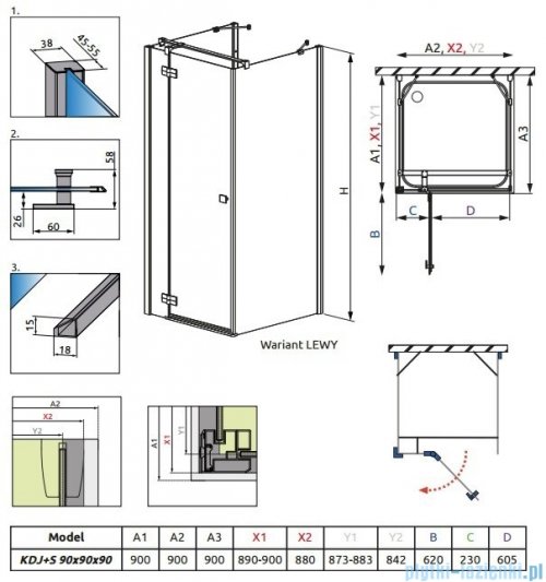 Radaway Kabina prysznicowa Almatea KDJ+S 90x90x90 lewa szkło przejrzyste + Brodzik Delos C + syfon 31522-01-01L1/31522-01-01L2