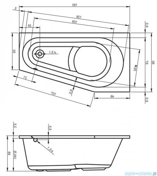 Riho Delta wanna asymetryczna 150x80cm z hydromasażem Flow lewa B067005005