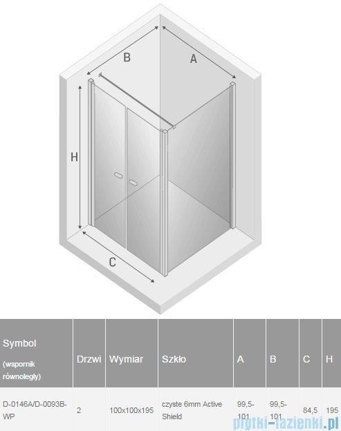 New Trendy New Soleo 100x100x195 cm kabina wspornik równoległy przejrzyste D-0146A/D-0093B-WP