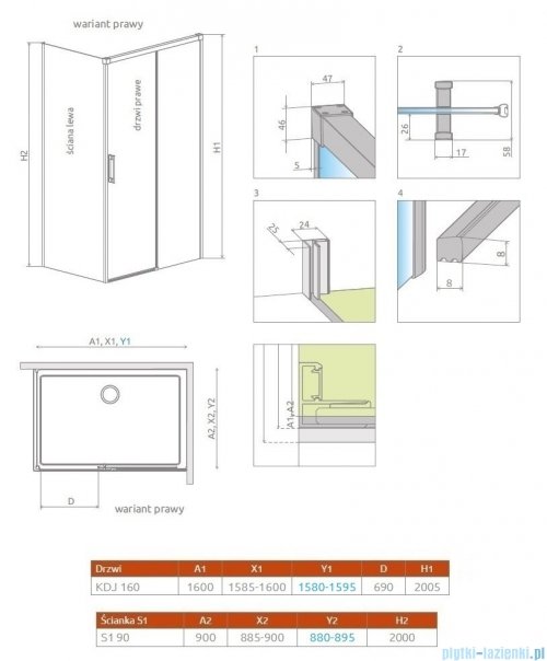 Radaway Idea Gold Kdj kabina 160x90cm prawa złoty połysk/szkło przejrzyste 387046-09-01R/387050-09-01L