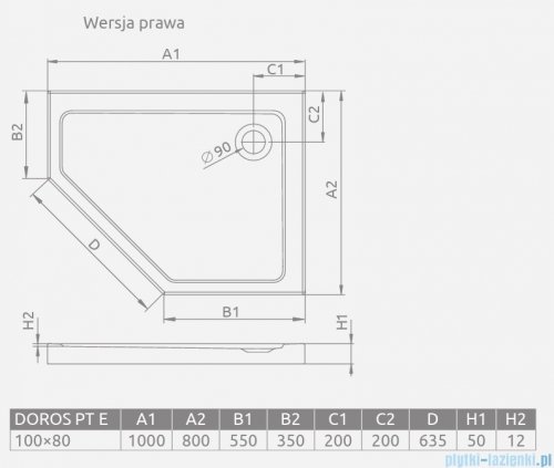 Radaway Doros PT E Stone brodzik pięciokątny 100x80 prawy kaszmirowy SDRPT1080-01-84SR