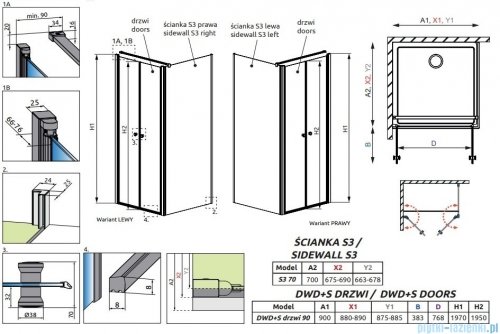Radaway Eos DWD+S kabina prysznicowa 90x70 przejrzyste 13799491-01/13799448-01