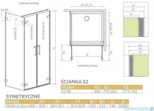 Radaway Arta Dwd+s kabina 85x80cm prawa szkło przejrzyste 386180-03-01R/386056-03-01L/386110-03-01