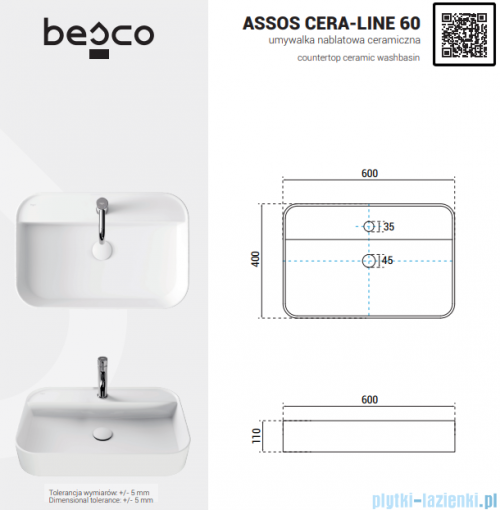 Besco Assos Cera-Line White umywalka nablatowa biała 60 cm biały połysk UNC-60-ASB