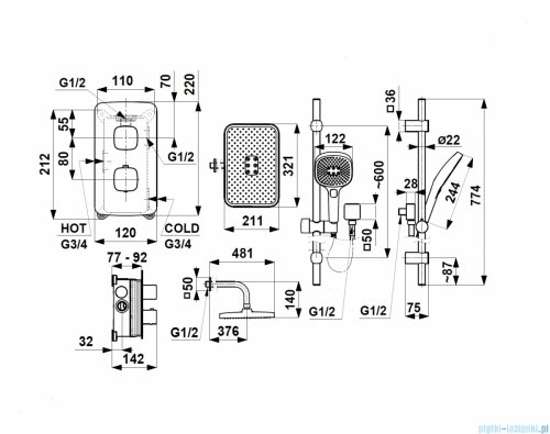 KFA MALAGA BLACK podtynkowy zestaw prysznicowy z baterią termostatyczną 3 funkcyjną i natryskiem przesuwnym czarny 5759-301-81